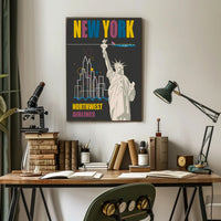 Vintage New York Travel Poster with Iconic Statue and Airplane PosterGoat
