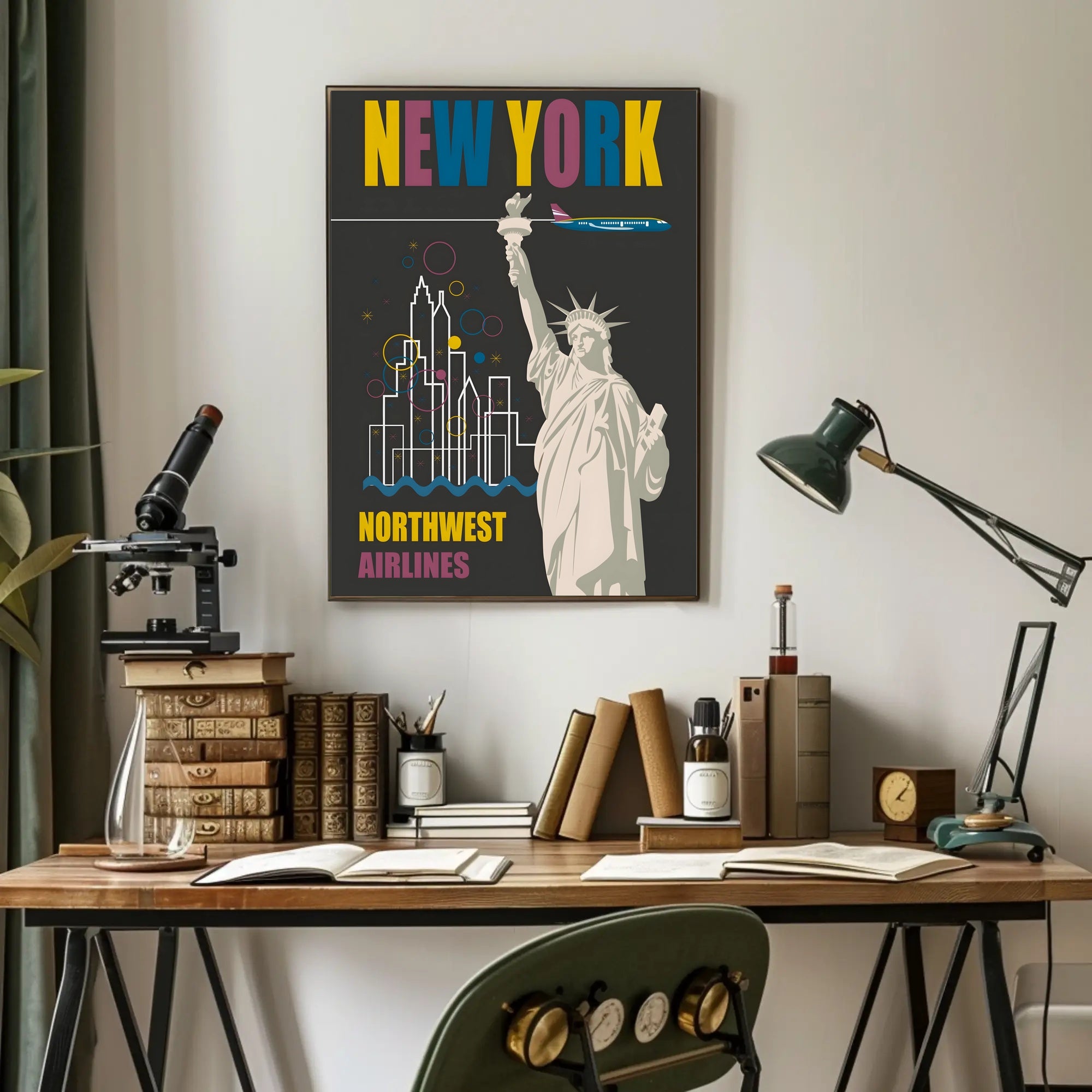 Vintage New York Travel Poster with Iconic Statue and Airplane PosterGoat
