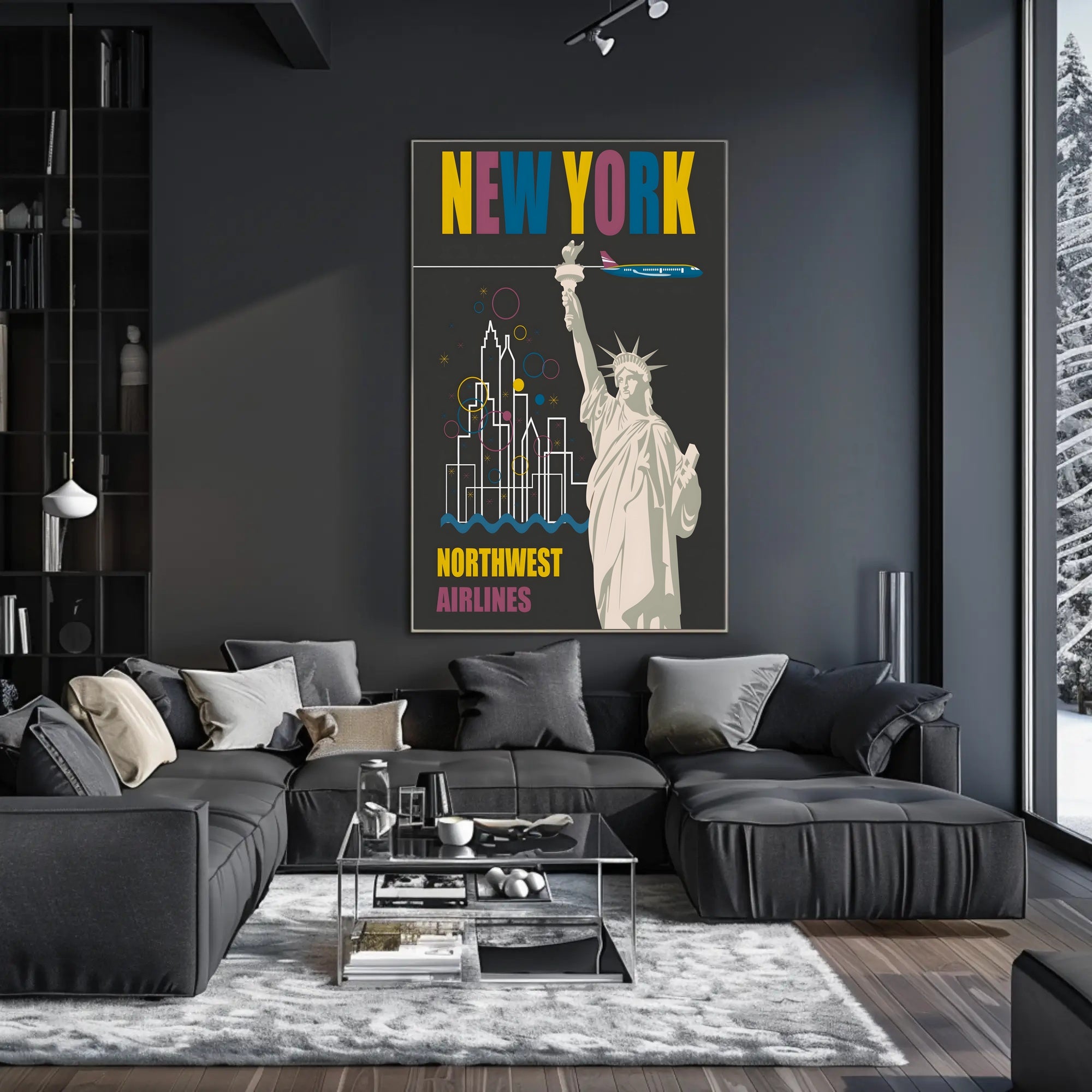 Vintage New York Travel Poster with Iconic Statue and Airplane PosterGoat