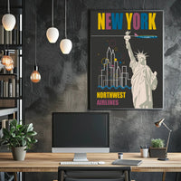 Vintage New York Travel Poster with Iconic Statue and Airplane PosterGoat