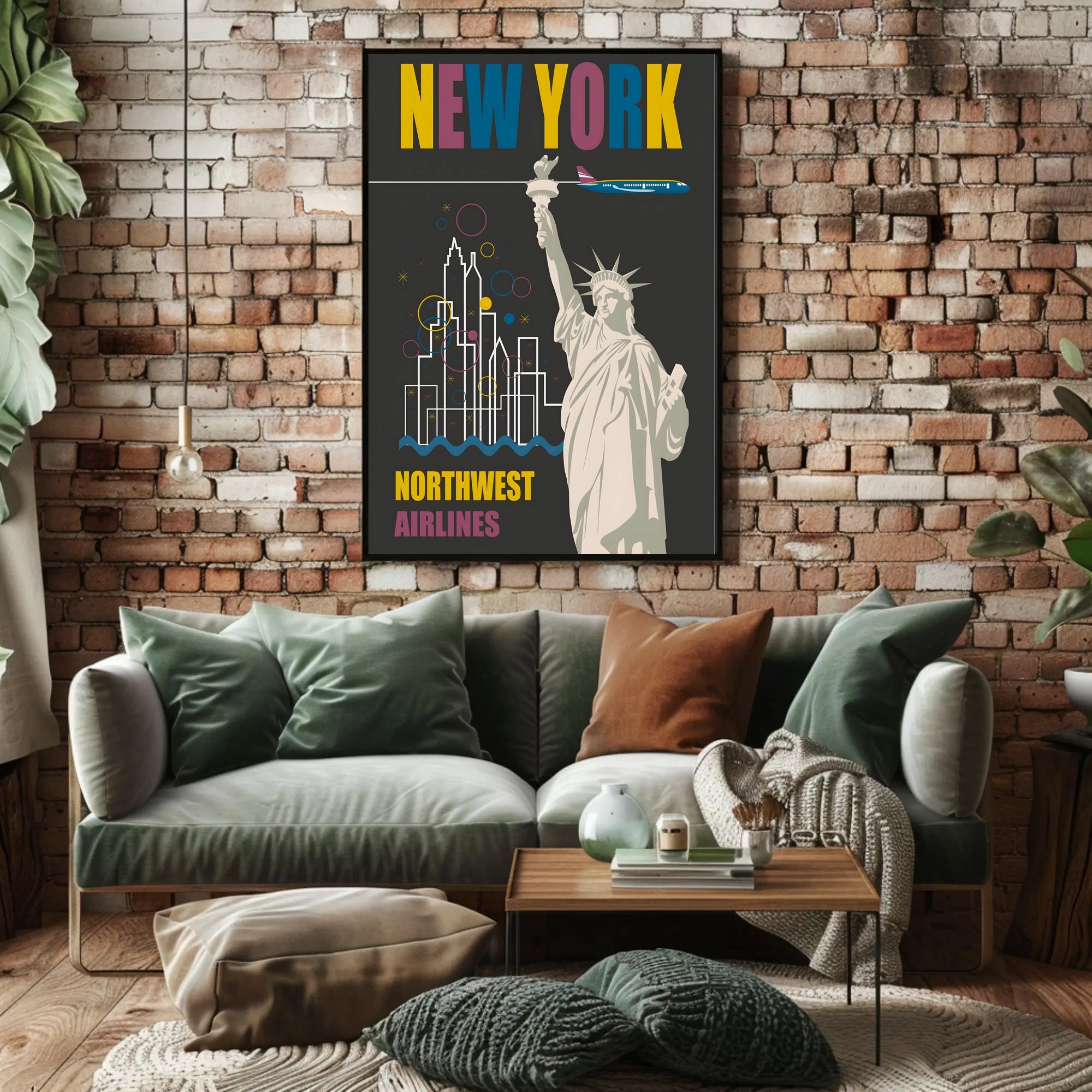 Vintage New York Travel Poster with Iconic Statue and Airplane PosterGoat