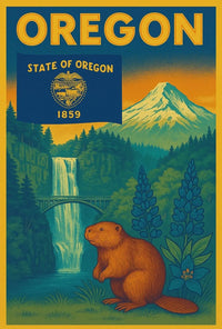 Vintage Oregon Travel Poster Featuring Iconic Natural Landmarks PosterGoat