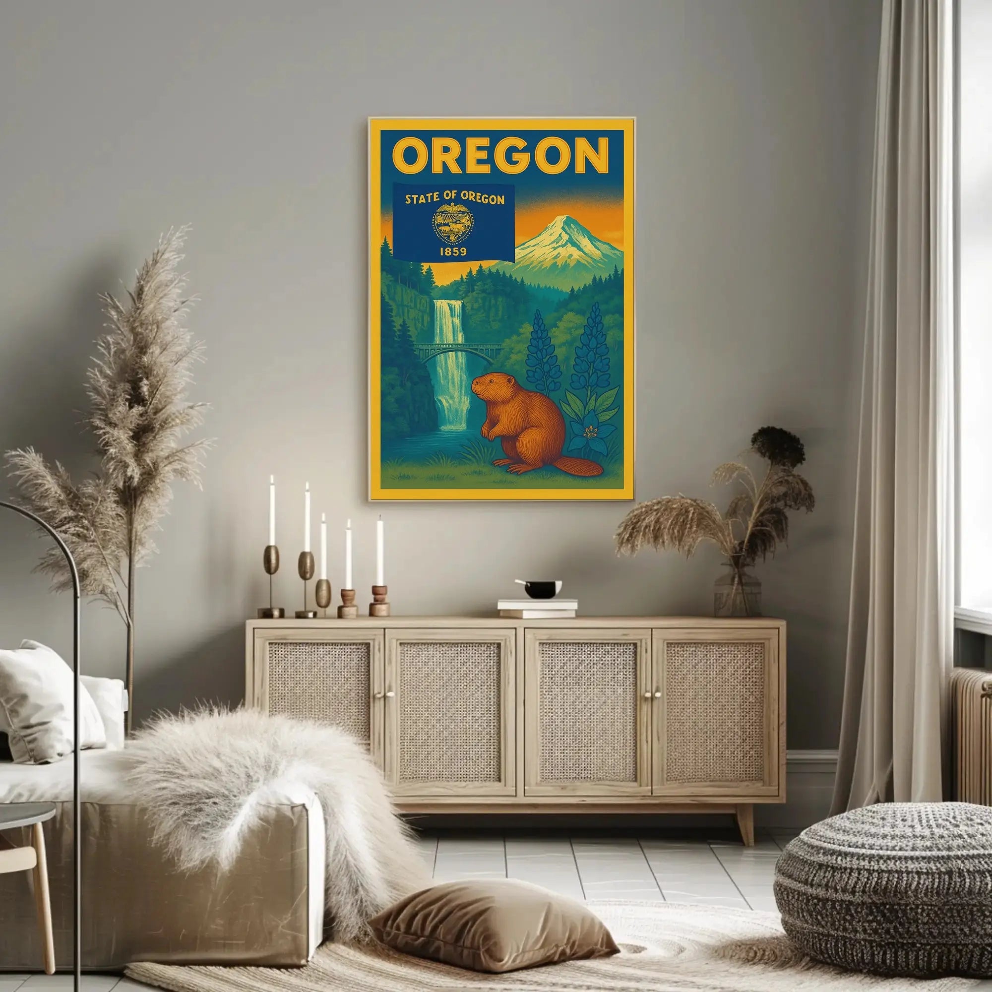 Vintage Oregon Travel Poster Featuring Iconic Natural Landmarks PosterGoat