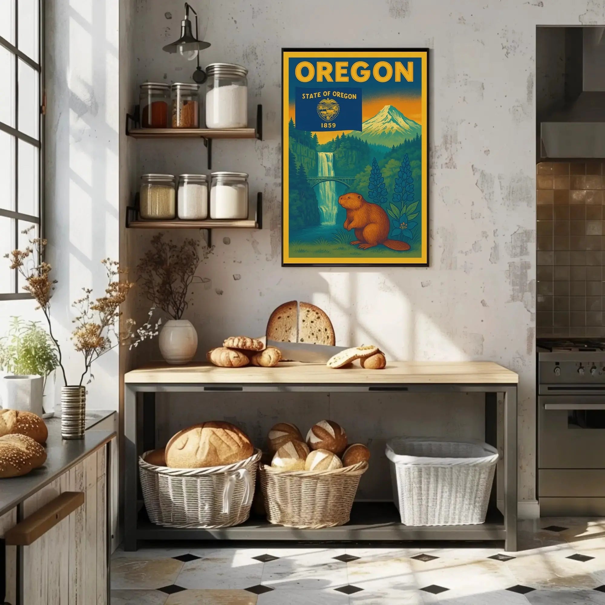 Vintage Oregon Travel Poster Featuring Iconic Natural Landmarks PosterGoat