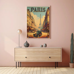 Vintage Parisian Street Scene with Iconic Eiffel Tower Travel Poster PosterGoat