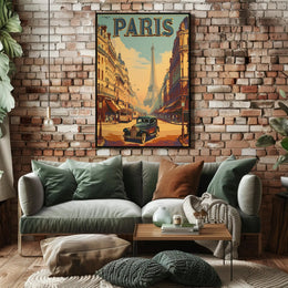 Vintage Parisian Street Scene with Iconic Eiffel Tower Travel Poster PosterGoat