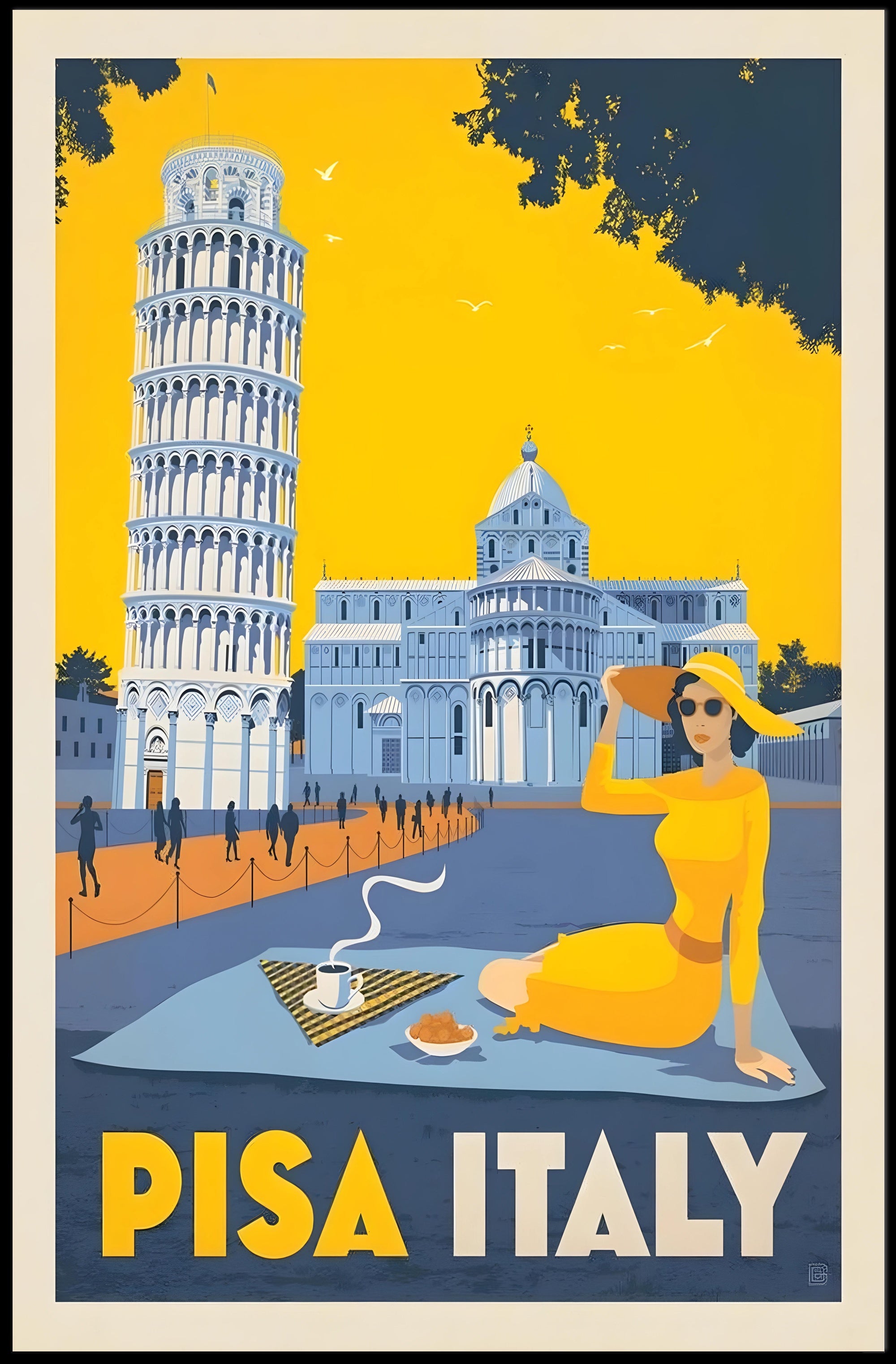 Vintage Pisa Travel Poster: Leaning Tower and Sunny Picnic PosterGoat
