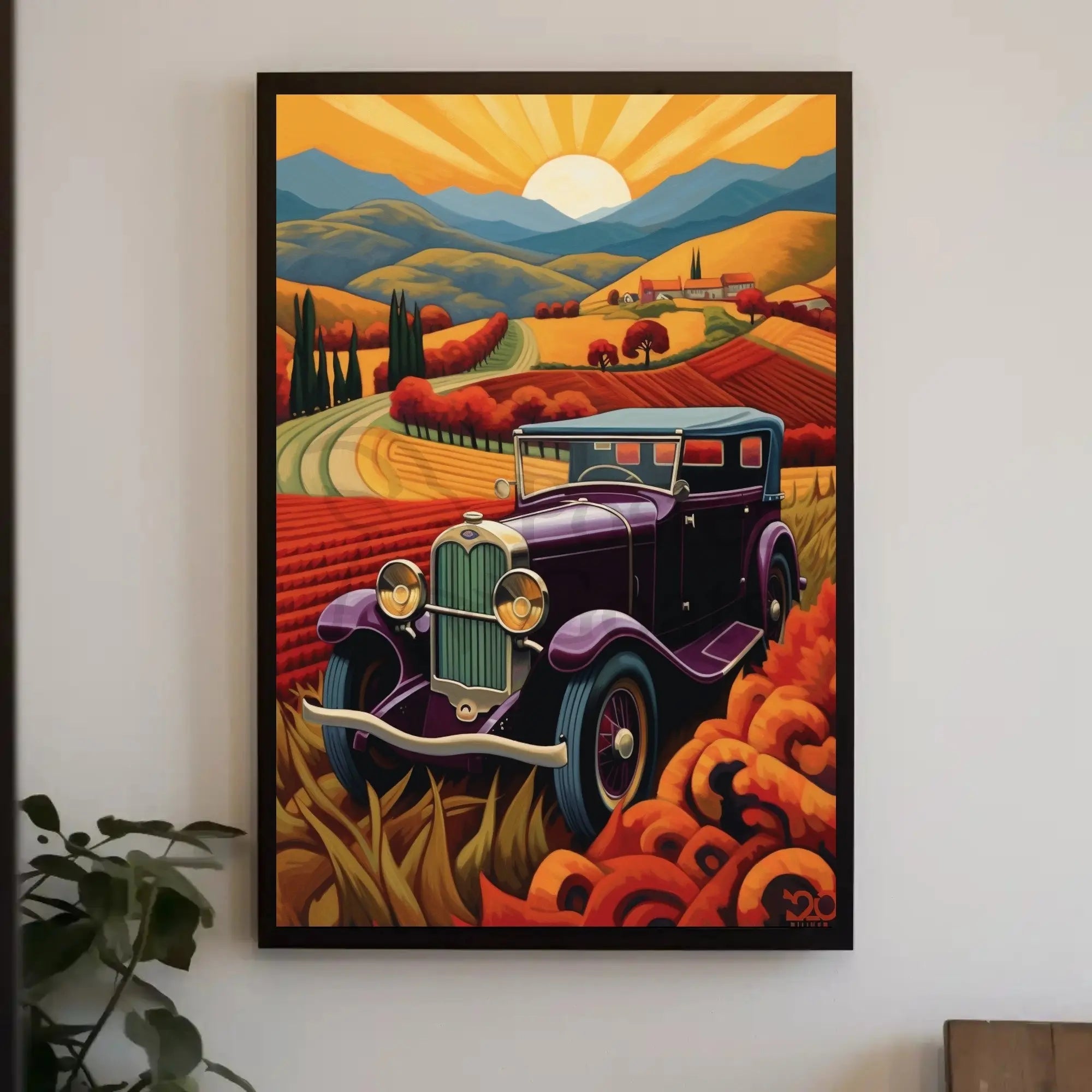 Vintage Purple Car with Scenic Countryside Artistic Poster PosterGoat