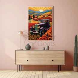 Vintage Purple Car with Scenic Countryside Artistic Poster PosterGoat