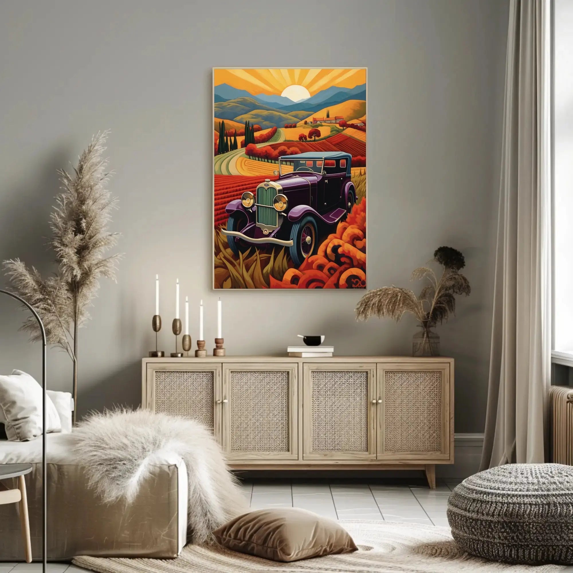 Vintage Purple Car with Scenic Countryside Artistic Poster PosterGoat