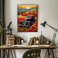 Vintage Purple Car with Scenic Countryside Artistic Poster PosterGoat
