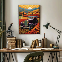 Vintage Purple Car with Scenic Countryside Artistic Poster PosterGoat