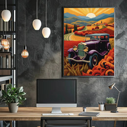 Vintage Purple Car with Scenic Countryside Artistic Poster PosterGoat