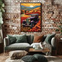 Vintage Purple Car with Scenic Countryside Artistic Poster PosterGoat