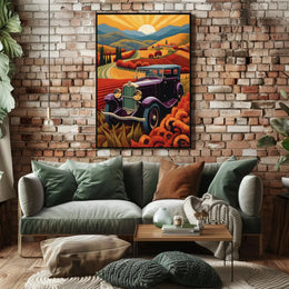 Vintage Purple Car with Scenic Countryside Artistic Poster PosterGoat