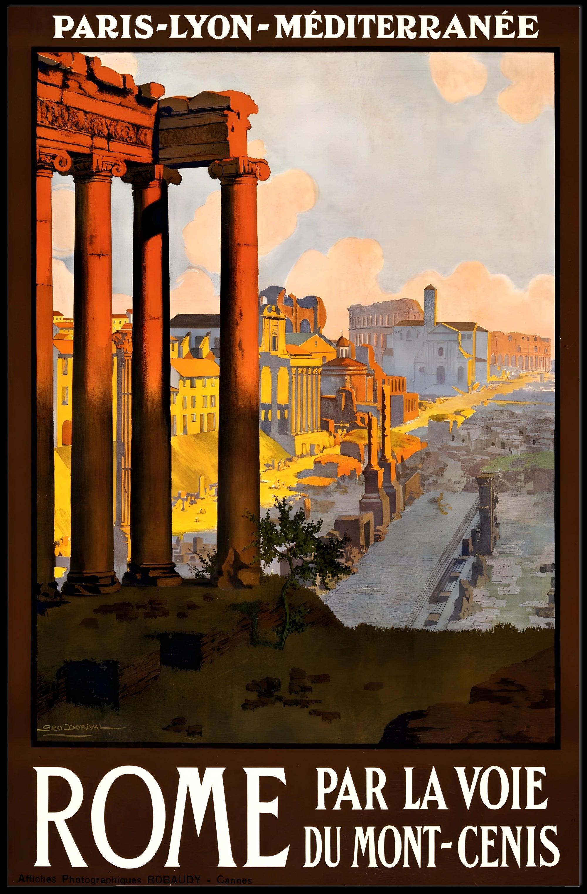 Vintage Rome Travel Poster with Classical Ruins and Columns PosterGoat
