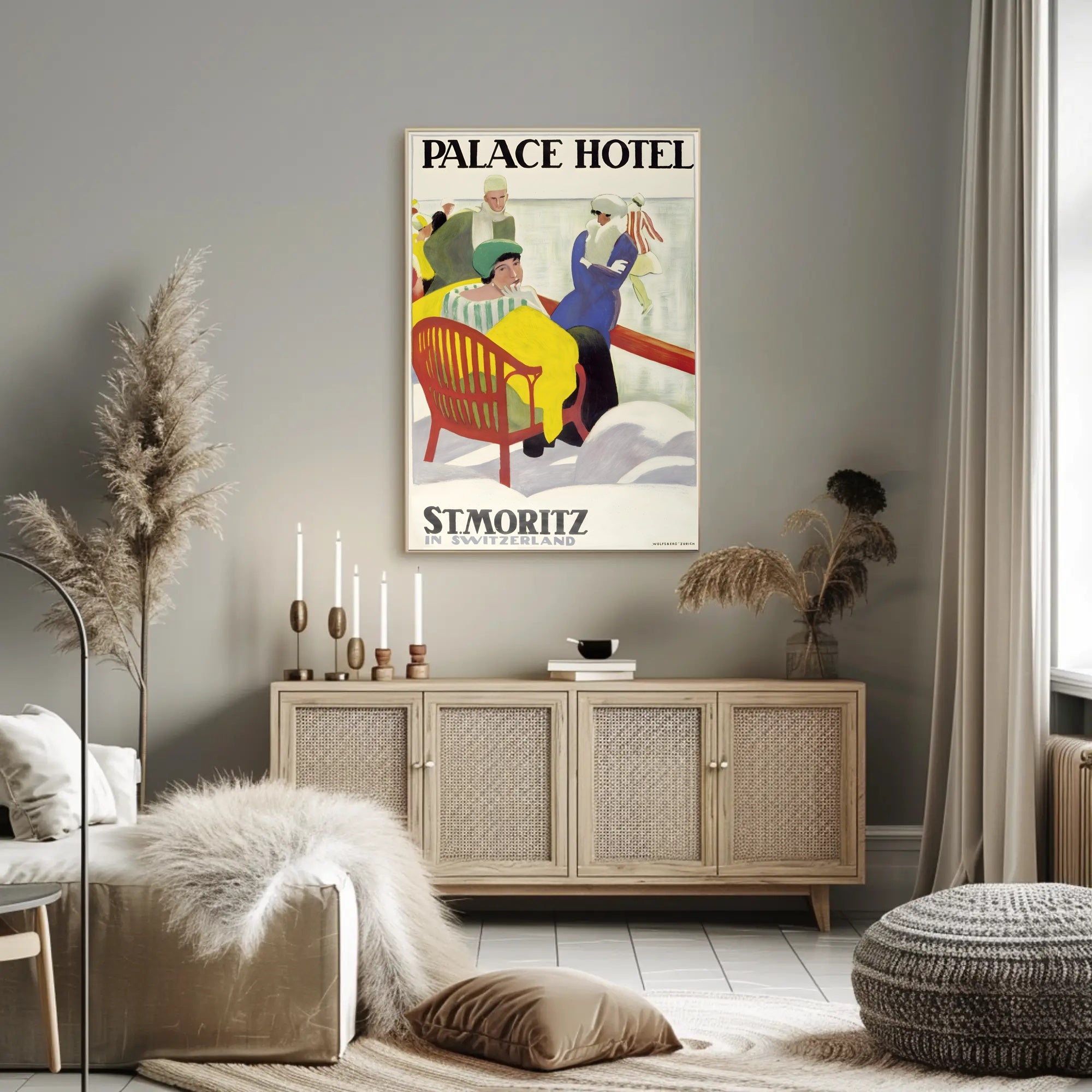 Vintage St. Moritz Palace Hotel Winter Scene Travel Poster PosterGoat