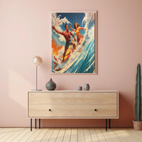 Vintage Surfing Adventure on Vibrant Ocean Waves Sports Poster PosterGoat