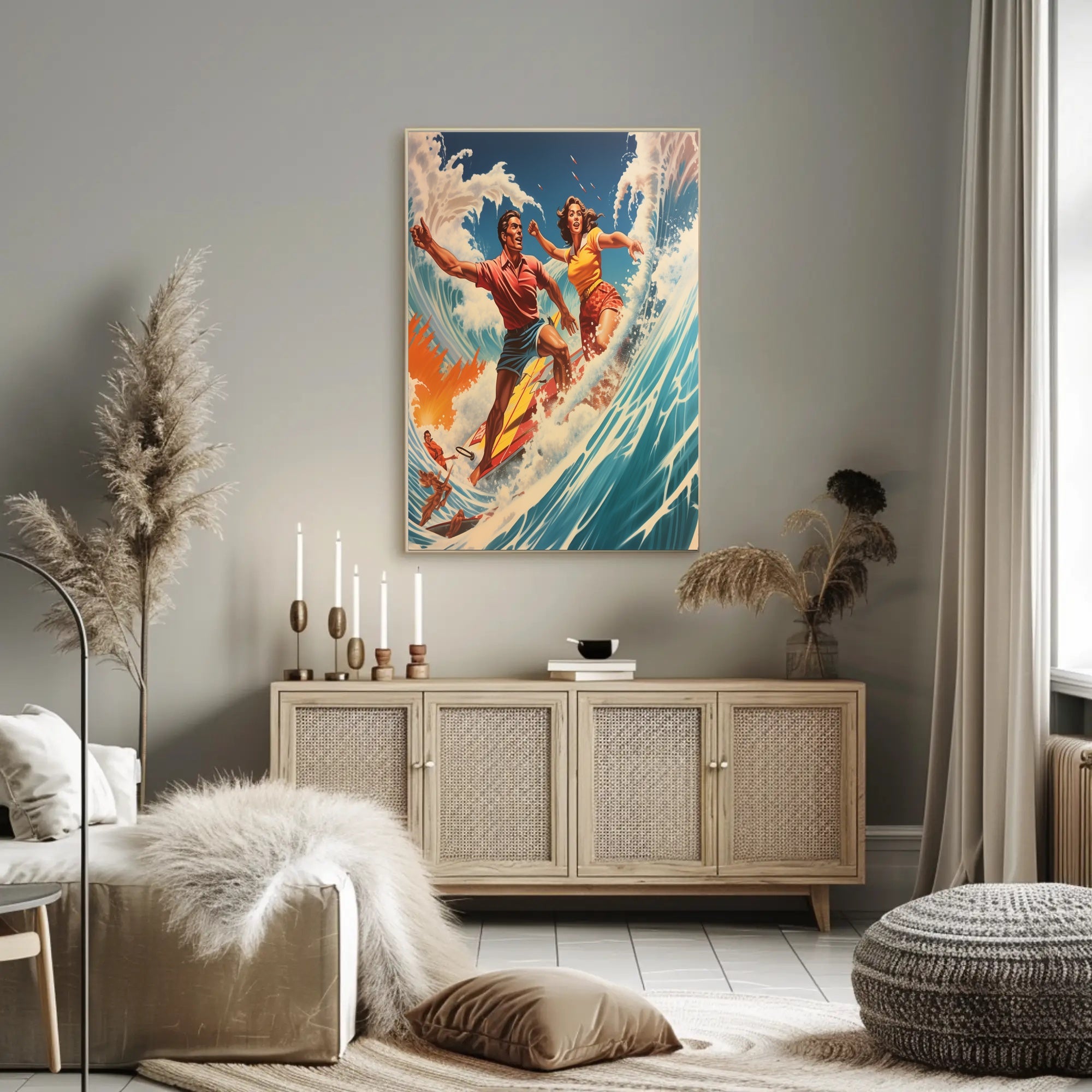 Vintage Surfing Adventure on Vibrant Ocean Waves Sports Poster PosterGoat