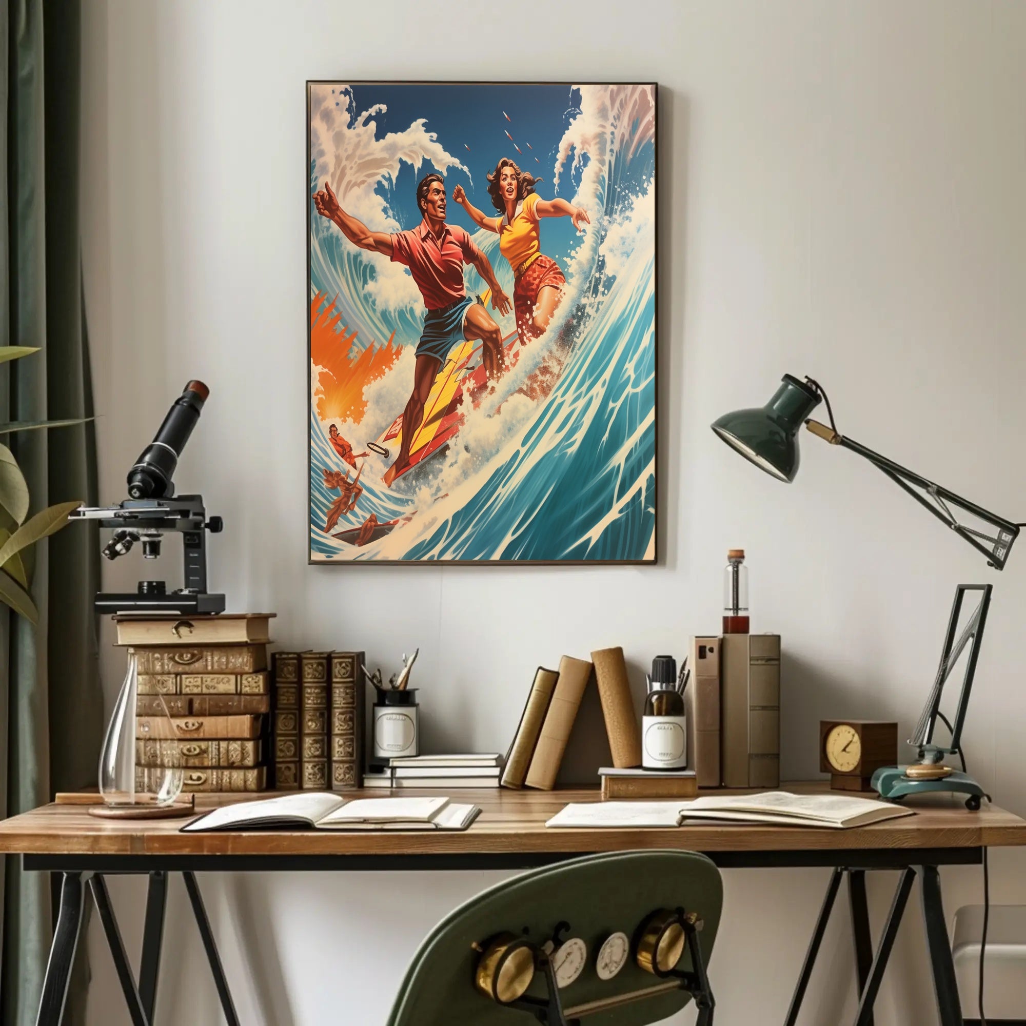 Vintage Surfing Adventure on Vibrant Ocean Waves Sports Poster PosterGoat