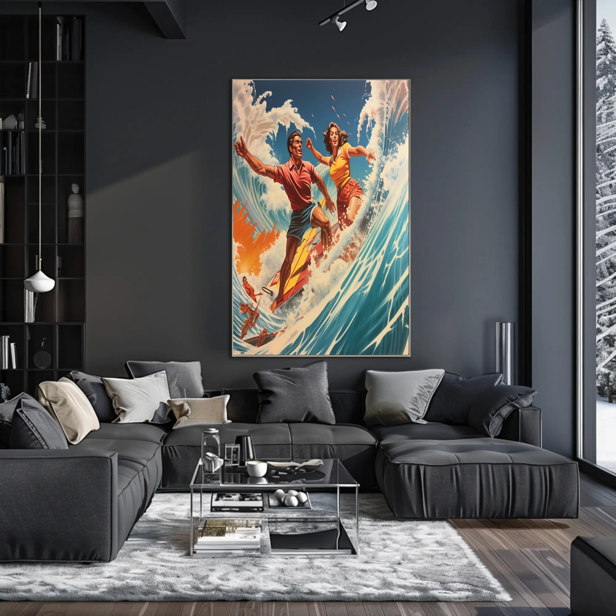 Vintage Surfing Adventure on Vibrant Ocean Waves Sports Poster PosterGoat