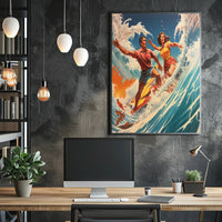 Vintage Surfing Adventure on Vibrant Ocean Waves Sports Poster PosterGoat