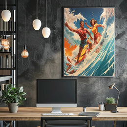 Vintage Surfing Adventure on Vibrant Ocean Waves Sports Poster PosterGoat