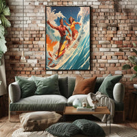 Vintage Surfing Adventure on Vibrant Ocean Waves Sports Poster PosterGoat