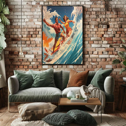 Vintage Surfing Adventure on Vibrant Ocean Waves Sports Poster PosterGoat