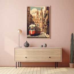 Vintage Tram Adventure in Historic City Travel Poster PosterGoat