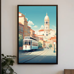 Vintage Tram in Scenic European Town Travel Poster PosterGoat