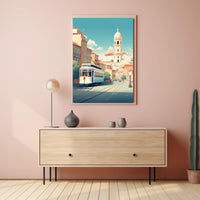 Vintage Tram in Scenic European Town Travel Poster PosterGoat
