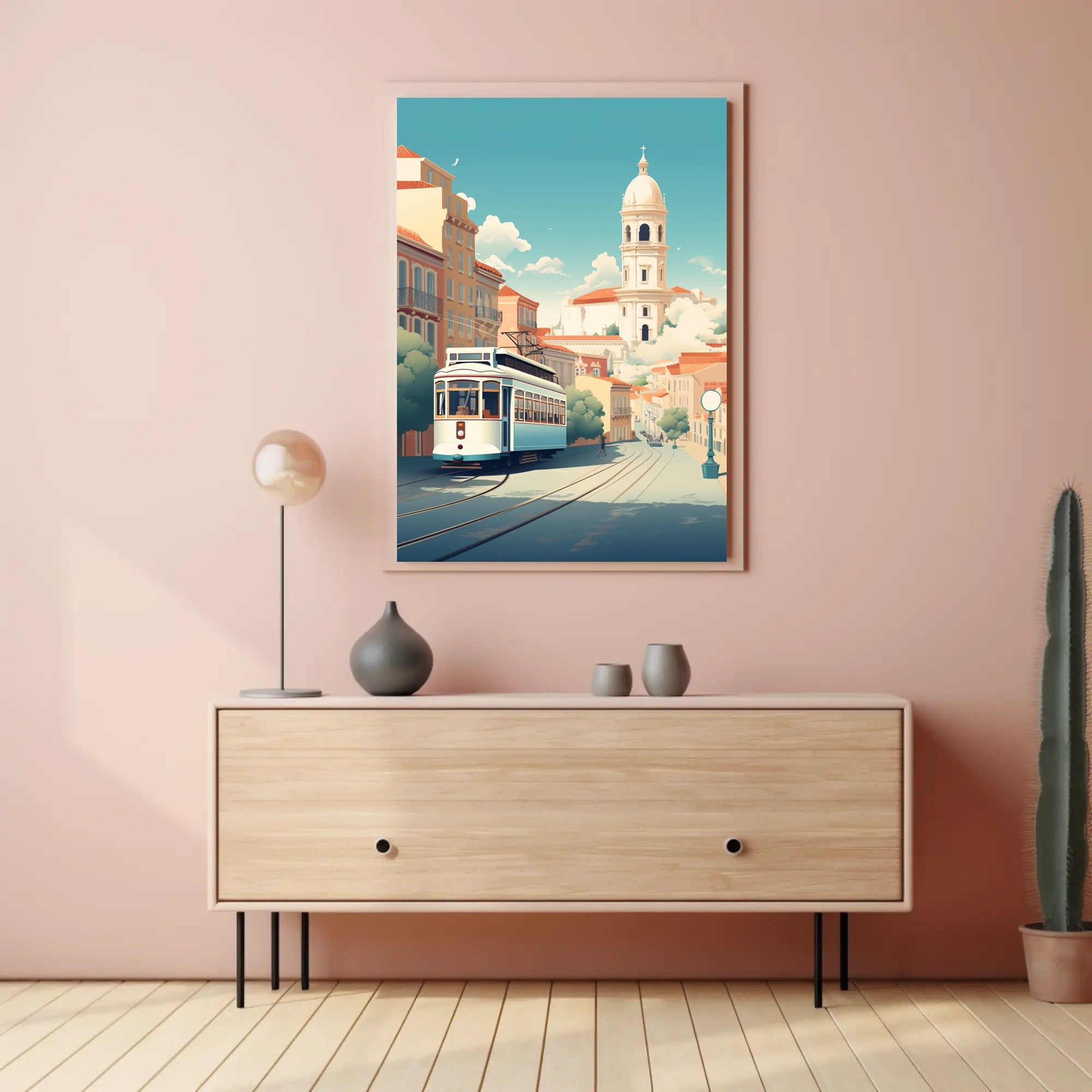 Vintage Tram in Scenic European Town Travel Poster PosterGoat