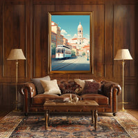 Vintage Tram in Scenic European Town Travel Poster PosterGoat