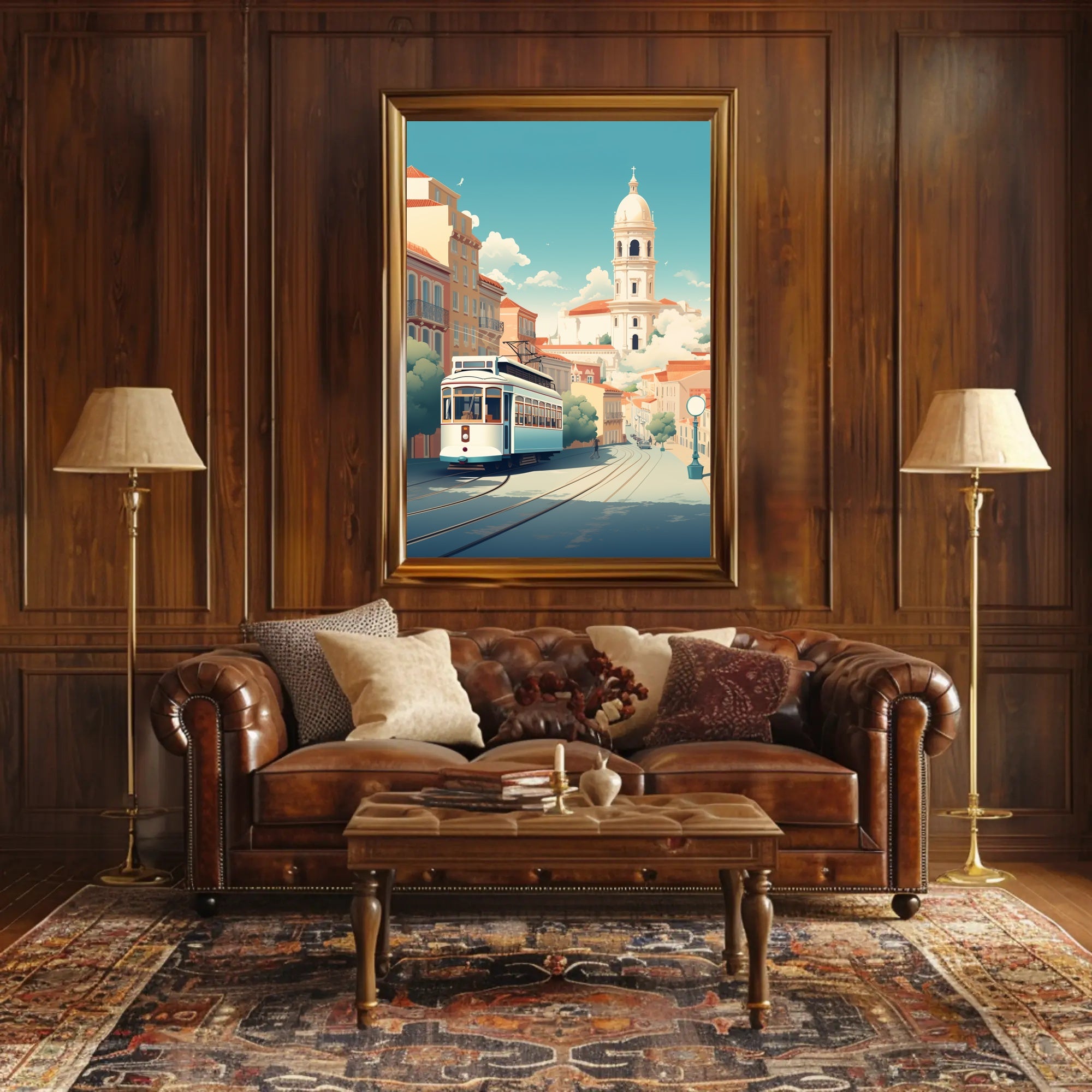 Vintage Tram in Scenic European Town Travel Poster PosterGoat
