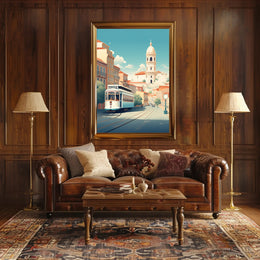 Vintage Tram in Scenic European Town Travel Poster PosterGoat