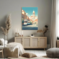 Vintage Tram in Scenic European Town Travel Poster PosterGoat