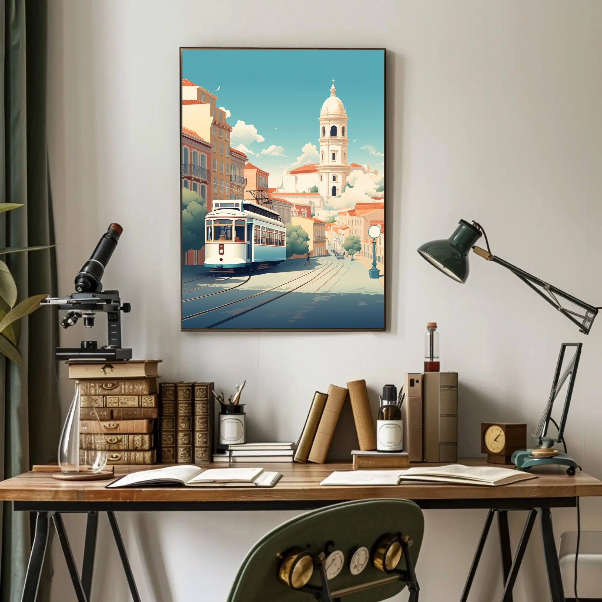 Vintage Tram in Scenic European Town Travel Poster PosterGoat