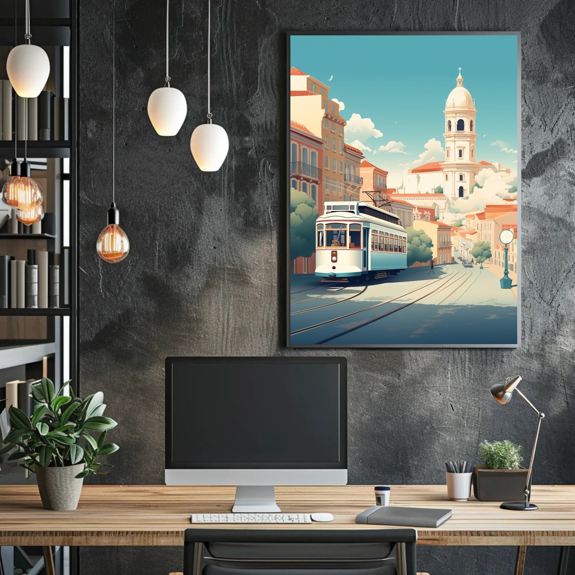 Vintage Tram in Scenic European Town Travel Poster PosterGoat