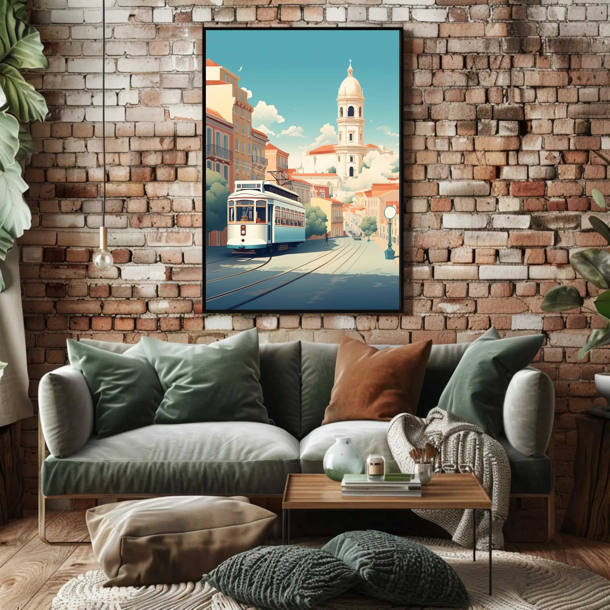 Vintage Tram in Scenic European Town Travel Poster PosterGoat