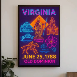 Virginia Statehood 1788 Neon Art Historical Poster PosterGoat