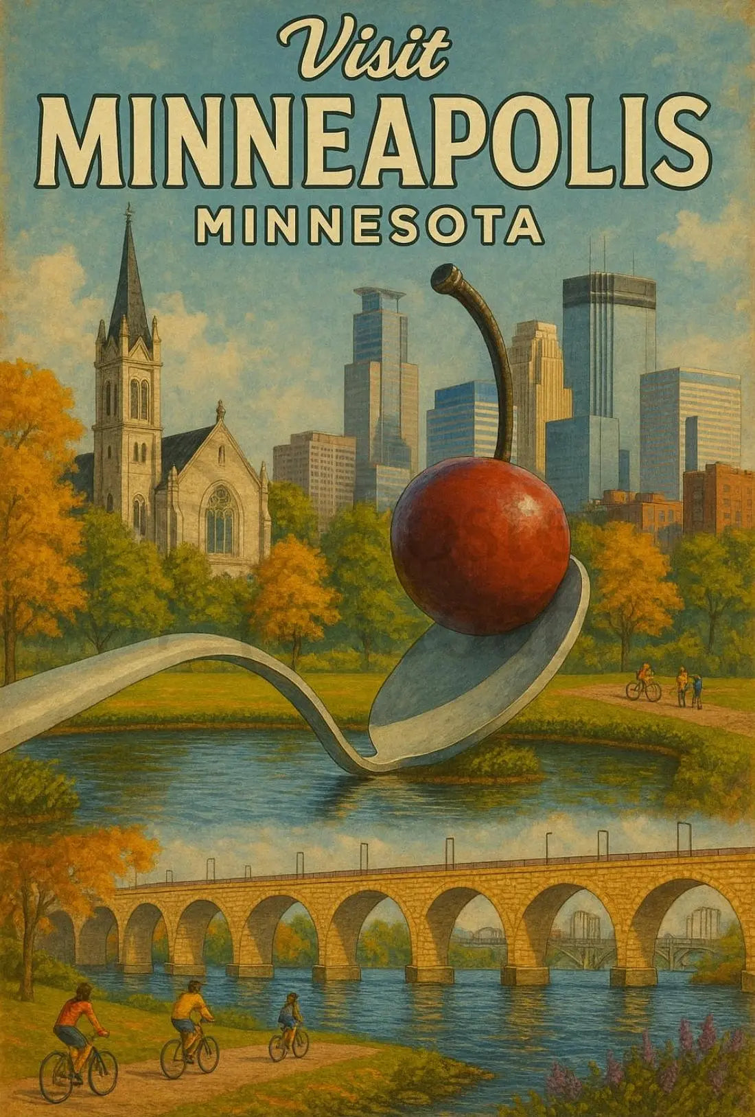 Visit Minneapolis Landmarks Retro Travel Poster PosterGoat