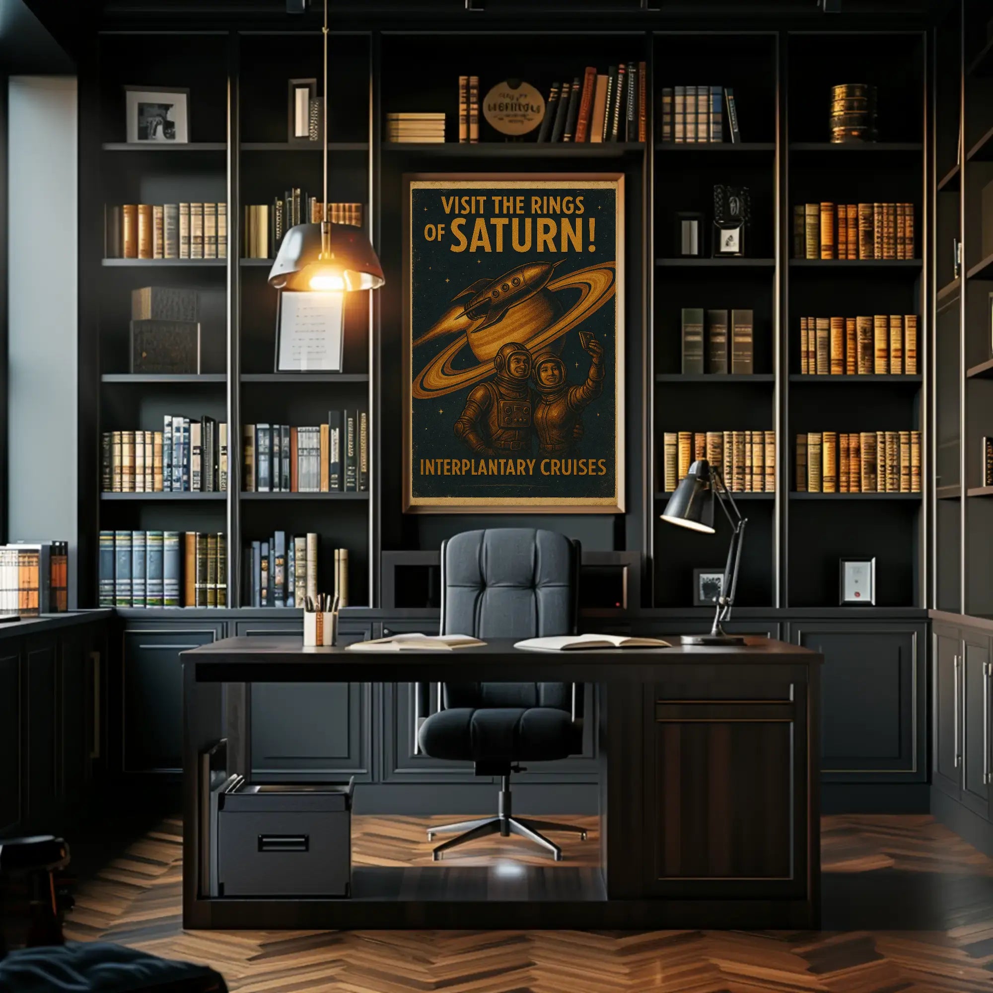Visit Saturn’s Rings Retro-Futuristic Sci-Fi Poster PosterGoat