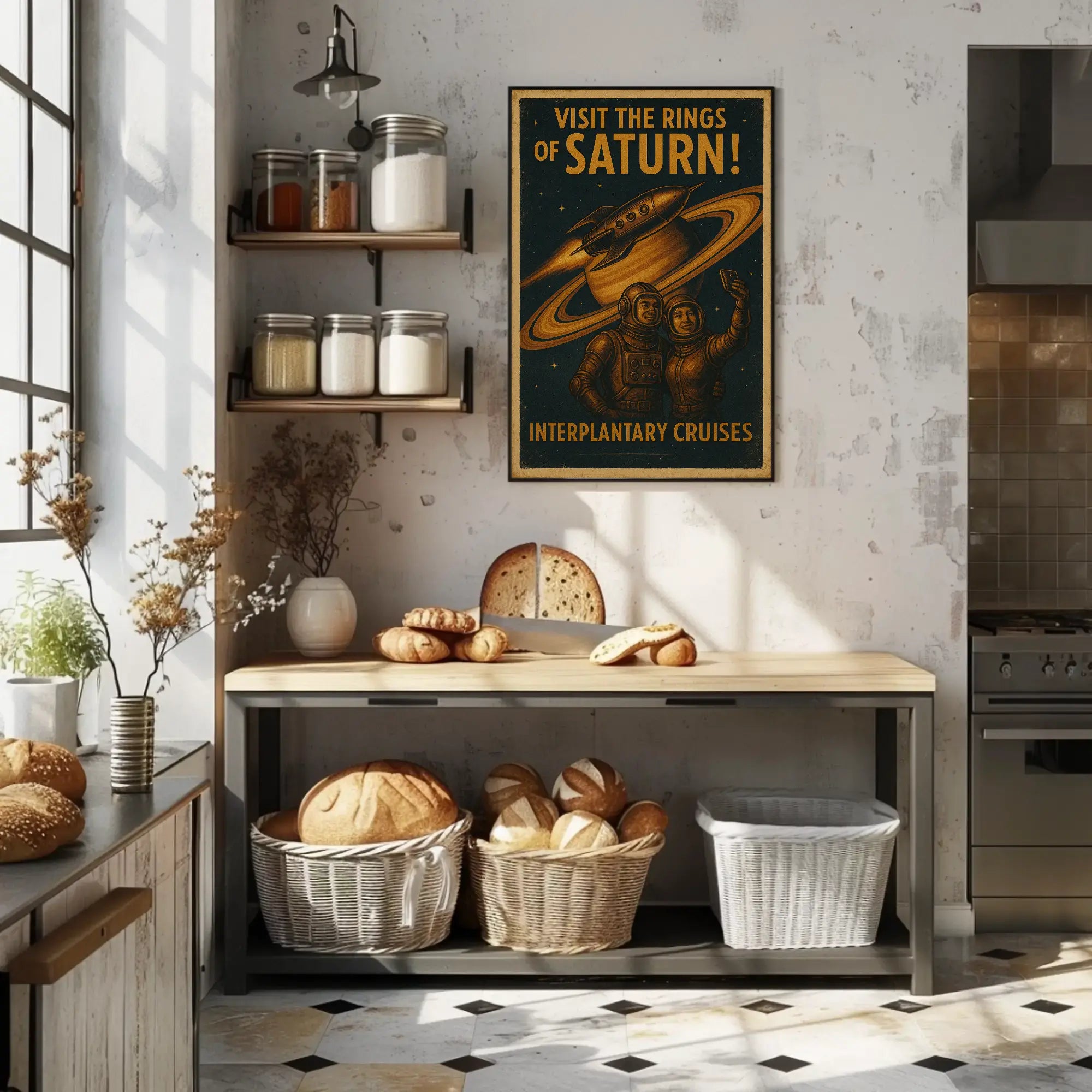 Visit Saturn’s Rings Retro-Futuristic Sci-Fi Poster PosterGoat
