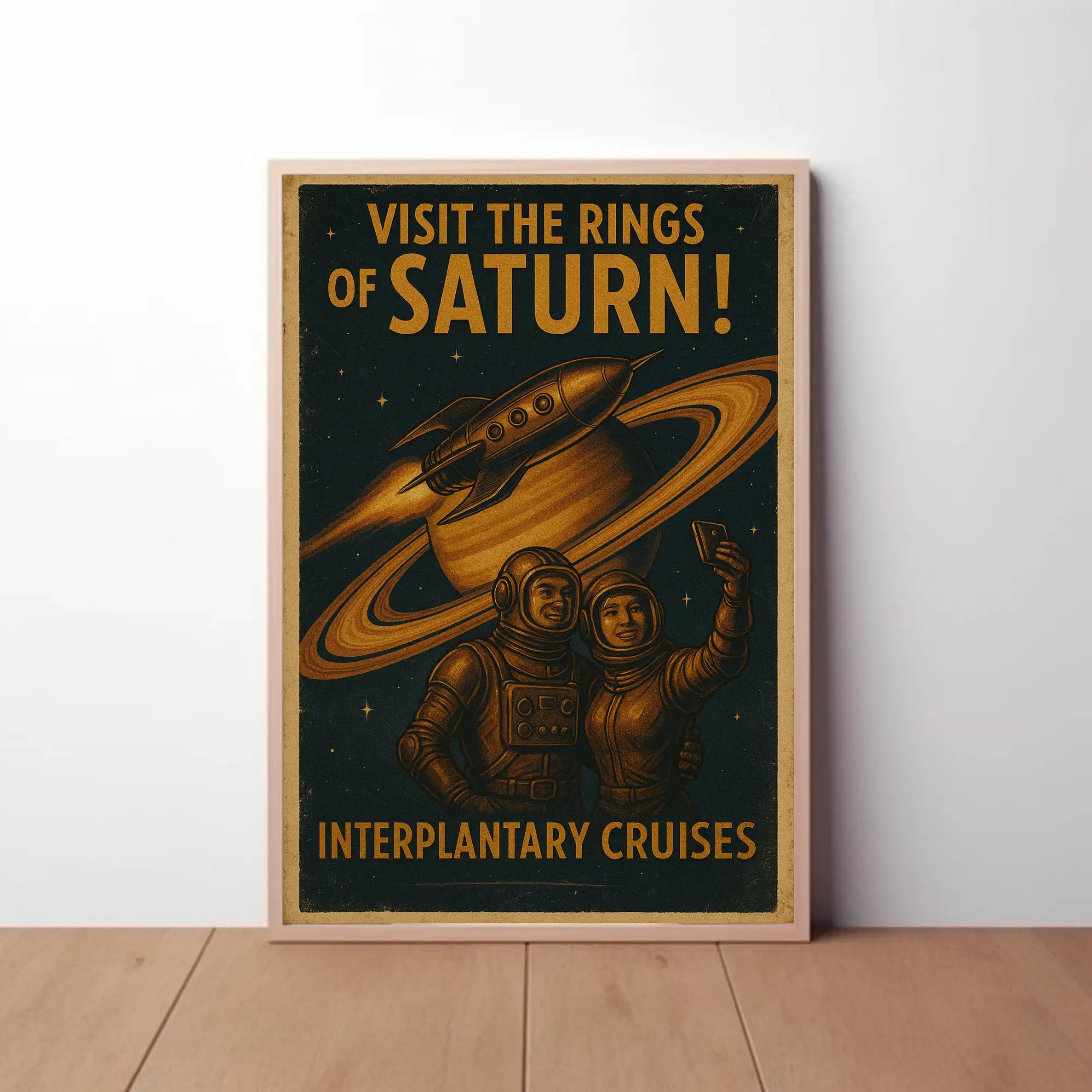 Visit Saturn’s Rings Retro-Futuristic Sci-Fi Poster PosterGoat