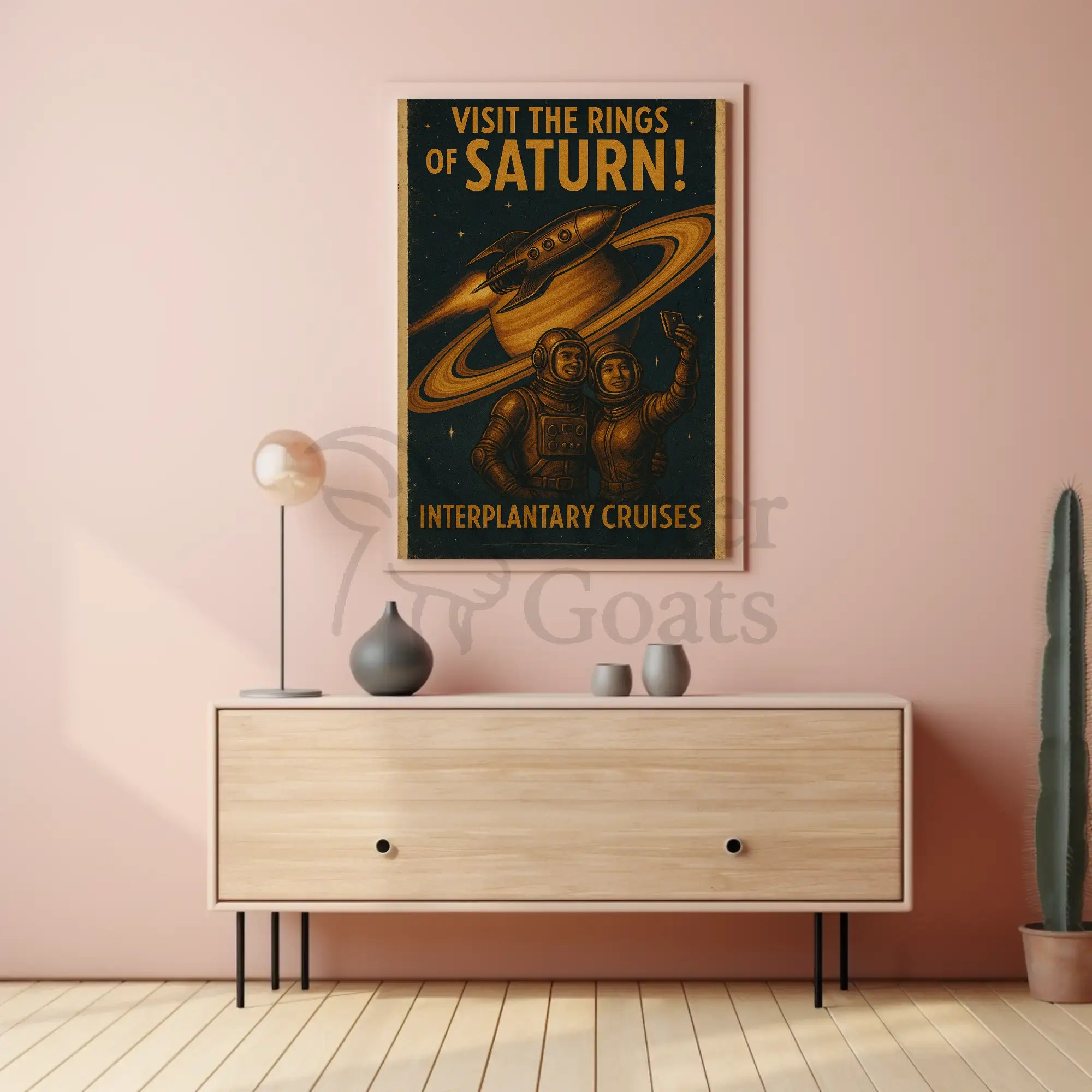 Visit Saturn’s Rings Retro-Futuristic Sci-Fi Poster PosterGoat