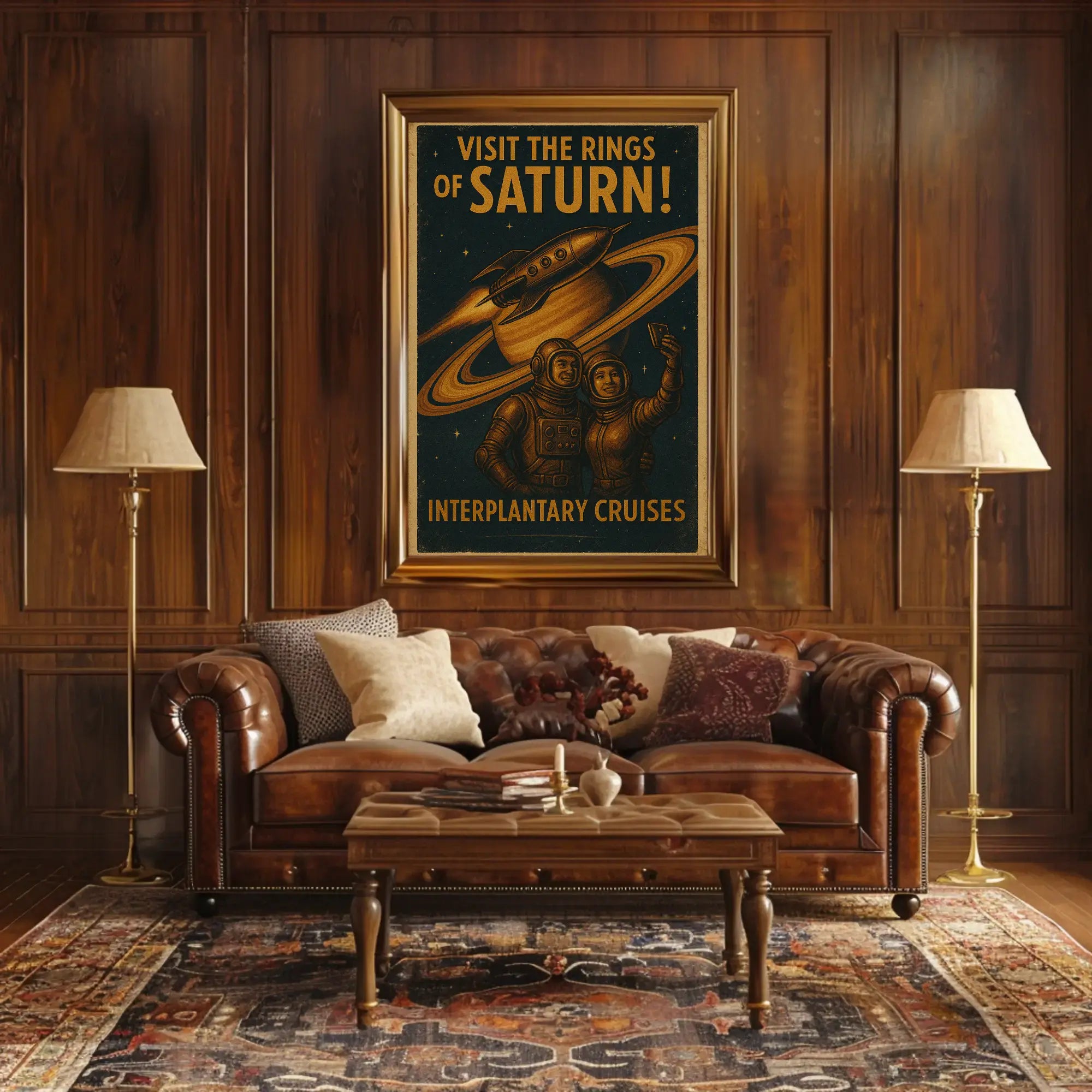 Visit Saturn’s Rings Retro-Futuristic Sci-Fi Poster PosterGoat