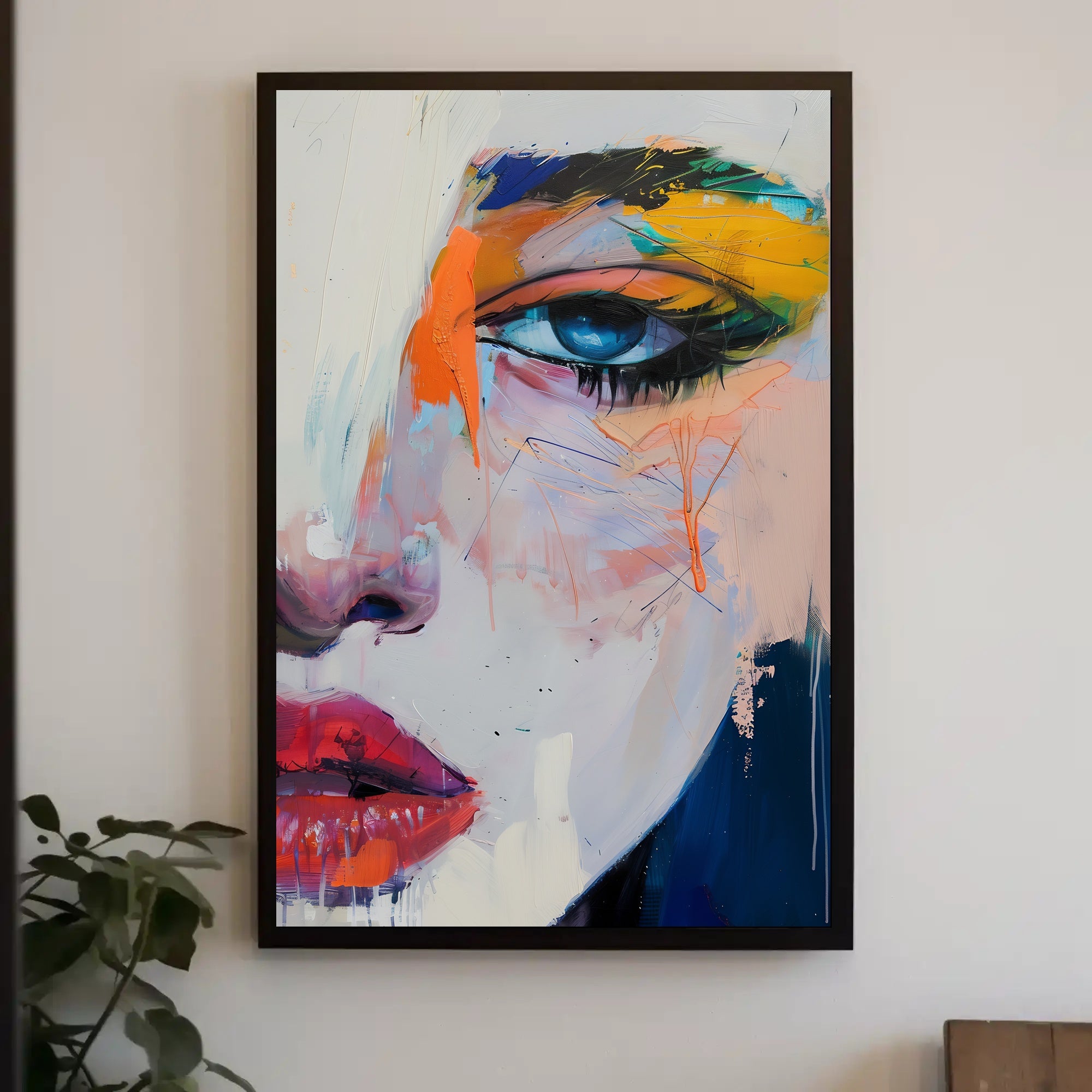 Vivid Abstract Face Art: Expressive Eye and Lips Poster PosterGoat