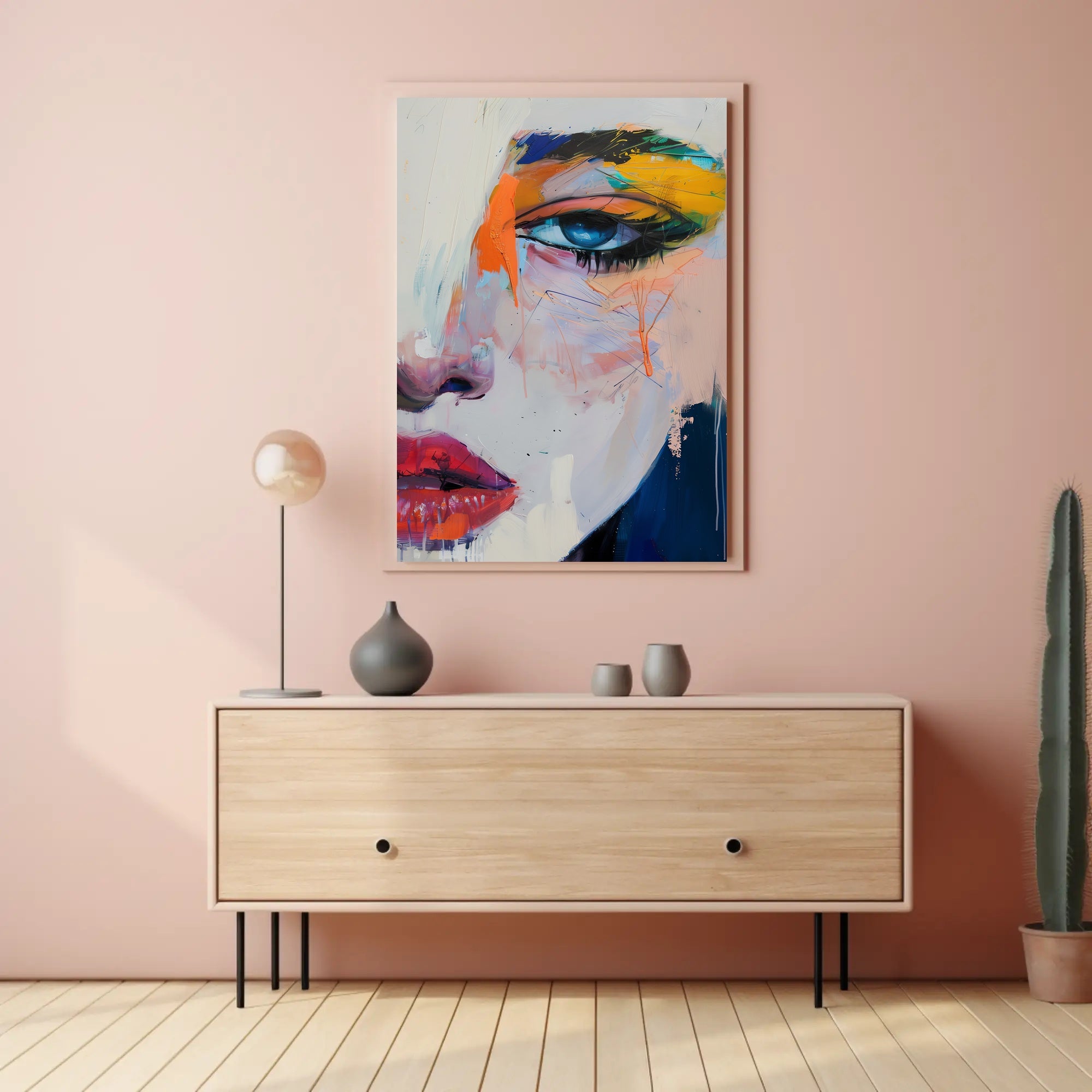 Vivid Abstract Face Art: Expressive Eye and Lips Poster PosterGoat