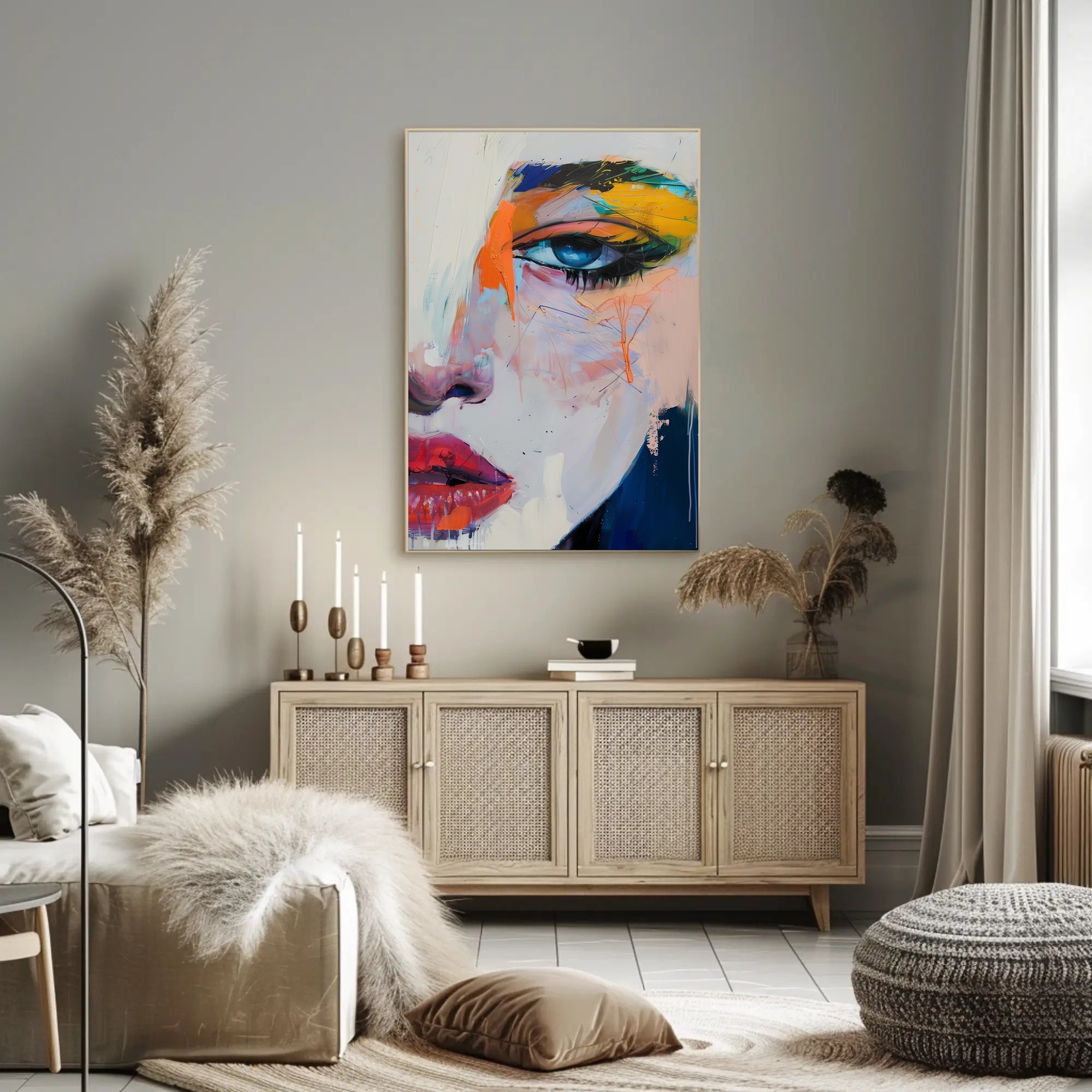 Vivid Abstract Face Art: Expressive Eye and Lips Poster PosterGoat